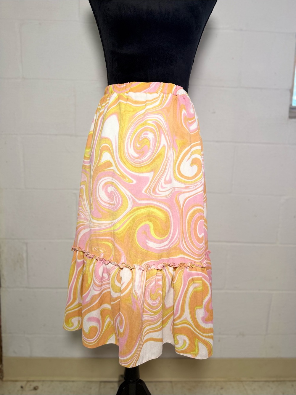 Bonnie Jean Pink & Yellow Swirl Ruffle Midi Skirt